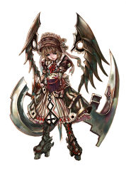 Rule 34 | 1girl, aqua eyes, arm garter, armor, armored boots, armored dress, ascot, blade, blonde hair, bonnet, boots, doll, expressionless, frills, full body, holding, huge weapon, looking at viewer, mechanical wings, original, puffy sleeves, ribbon, shonensan, short hair, simple background, solo, standing, weapon, wings