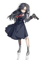 Rule 34 | 1girl, absurdres, aged down, angelia (girls&#039; frontline), bag, black dress, black hair, blueblossom, brown eyes, collared shirt, commentary, dress, english commentary, full body, girls&#039; frontline, gun, handgun, highres, holding, holding bag, holding gun, holding weapon, long hair, long sleeves, mp-443 grach, neckerchief, parted bangs, red neckerchief, reflection, shirt, signature, socks, solo, weapon, weapon request, white footwear, white shirt, white socks