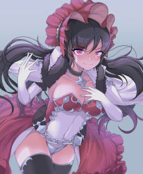 Rule 34 | 1girl, black choker, black hair, breasts, cape, chain, choker, cleavage, cloak, closed mouth, cowboy shot, dress, forehead, frilled dress, frills, fur trim, gloves, hand on own chest, headdress, highleg, highres, illya (princess connect!), korean commentary, large breasts, multicolored hair, parted bangs, princess connect!, purple hair, red dress, red eyes, simple background, smile, solo, strapless, strapless dress, streaked hair, thighhighs, thighs, twintails, two-tone hair, v-shaped eyebrows, white gloves, yogert chip