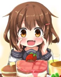 Rule 34 | 10s, 1girl, :d, blush, brown eyes, brown hair, butter, cake, commentary request, drink, fang, food, fruit, glass, hair ornament, hairclip, hands on own face, highres, ikazuchi (kancolle), kantai collection, open mouth, oshiruko (uminekotei), pancake, school uniform, serafuku, short hair, skin fang, smile, solo, sparkle, strawberry