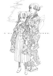 Rule 34 | 00s, 2009, 2girls, boots, bow, cigarette, cross-laced footwear, dress, fate/stay night, fate (series), floral print, geta, greyscale, hair bow, hair bun, hakama, hakama skirt, hand on another&#039;s shoulder, happy new year, holding, holding smoking pipe, japanese clothes, kimono, kiseru, lace-up boots, len (tsukihime), long hair, medea (fate), meiji schoolgirl uniform, monochrome, morisoban, multiple girls, new year, obi, original, outline, pipe in mouth, pointy ears, print, print dress, print kimono, sandals, sash, sidelocks, simple background, single hair bun, skirt, smoking, smoking pipe, standing, tabi, trait connection, tsukihime, white background