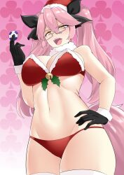 Rule 34 | 1girl, absurdres, animal ear fluff, bare shoulders, black bow, black gloves, blush, bow, bra, breasts, cleavage, fate/grand order, fate (series), fox tail, fur collar, glasses, gloves, hair between eyes, hair bow, hat, highres, koyanskaya (fate), kuroeart, large breasts, long hair, looking at viewer, navel, open mouth, panties, pink hair, poker chip, red bra, red panties, santa hat, sidelocks, smile, tail, tamamo (fate), thighhighs, thighs, twintails, underwear, white thighhighs, yellow eyes