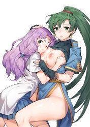 Rule 34 | 2girls, :&lt;, black gloves, blue dress, breasts, bright pupils, circlet, clothes lift, dress, earrings, fingerless gloves, fire emblem, fire emblem: the blazing blade, florina (fire emblem), ge-b, gloves, green eyes, green hair, hand on another&#039;s head, head on chest, highres, jewelry, large breasts, long hair, looking at viewer, lyn (fire emblem), multiple girls, nintendo, nipples, no panties, one eye closed, parted lips, pelvic curtain, pleated skirt, ponytail, purple hair, shirt lift, simple background, skirt, yuri