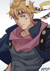 1boy, absurdres, black jacket, blonde hair, caesar anthonio zeppeli, collarbone, dated, earrings, feathers, gradient, gradient background, green eyes, grey background, grey shirt, hair feathers, headband, high collar, highres, jacket, jewelry, jojo no kimyou na bouken, looking at viewer, male focus, multicolored, multicolored clothes, multicolored headwear, open clothes, open jacket, purple headband, purple scarf, scarf, shirt, short hair, signature, simple background, solo, stud earrings, toned, toned male, upper body, white background, xiukukkii, yellow headband