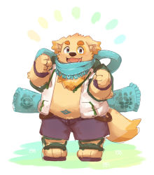Rule 34 | 1boy, animal ears, animal nose, belly, blue eyes, clenched hands, commentary request, cu sith (housamo), dog boy, dog ears, dog tail, fangs, fangs out, fat, fat man, full body, furry, furry male, green scarf, hands up, happy aura, jacket, male focus, natamaru, open clothes, open jacket, open mouth, sandals, scarf, short hair, simple background, smile, solo, stomach tattoo, suspenders hanging, tail, tattoo, thick eyebrows, tokyo houkago summoners, white background