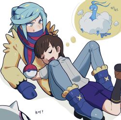 Rule 34 | 2boys, :d, altaria, antenna hair, bbhdrrr, black socks, blue footwear, blue mittens, blue scarf, blush, boots, brown footwear, brown hair, closed eyes, creatures (company), florian (pokemon), game freak, gen 3 pokemon, green eyes, green hair, grey shirt, grusha (pokemon), highres, hug, jacket, male focus, mittens, multiple boys, nintendo, open mouth, pants, poke ball print, pokemon, pokemon sv, purple shorts, scarf, shirt, shoes, short sleeves, shorts, smile, socks, striped clothes, striped scarf, sweat, thought bubble, tongue, yellow jacket