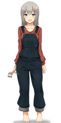 Rule 34 | 10s, 1girl, barefoot, blue eyes, brown shirt, casual, collarbone, denim, full body, girls und panzer, hatafuta, holding, itsumi erika, long hair, long sleeves, looking at viewer, open mouth, overalls, paint, paintbrush, pants, pants rolled up, shirt, silver hair, simple background, smile, solo, stain, standing, white background