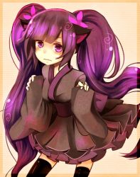 Rule 34 | 1girl, animal ears, at2., blunt bangs, blush, enderman, frills, hair ornament, japanese clothes, long hair, looking at viewer, minecraft, original, personification, purple eyes, purple hair, simple background, socks, solo, thighhighs, twintails, very long hair, wavy mouth, zettai ryouiki