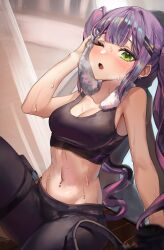 Rule 34 | 1girl, absurdres, black sports bra, blush, breasts, breath, cocoballking, earrings, green eyes, hair ornament, hairclip, highres, hololive, jewelry, long hair, looking at viewer, medium breasts, midriff, multiple earrings, navel, one eye closed, open mouth, pants, purple hair, ring-con, solo, sports bra, sweat, tokoyami towa, towel, towel around neck, twintails, virtual youtuber, wiping sweat, yoga pants