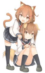 Rule 34 | 10s, 2girls, animal ears, azuhira, black footwear, black socks, blush, brown hair, cat ears, cat tail, collar, convenient censoring, convenient leg, dog ears, dog tail, fang, folded ponytail, hair ornament, hairclip, hand on another&#039;s shoulder, hands on own knees, heart, heart-shaped lock, heart lock (kantai collection), highres, ikazuchi (kancolle), inazuma (kancolle), kantai collection, kemonomimi mode, kneehighs, loafers, lock, long hair, long sleeves, looking at viewer, multiple girls, open mouth, panties, pleated skirt, school uniform, serafuku, shoes, short hair, simple background, sitting, skirt, smile, socks, tail, thighhighs, underwear, white background