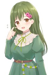 Rule 34 | 1girl, :d, absurdres, arm at side, belt, bolo tie, breasts, brown belt, check commentary, collared dress, commentary request, dakishimeru hanabira (love live!), dot nose, double-parted bangs, dress, finger to cheek, flower, flying sweatdrops, green hair, hair flower, hair ornament, hand up, highres, juliet sleeves, link! like! love live!, long hair, long sleeves, looking at viewer, love live!, medium breasts, oogami sachi, open mouth, pink flower, puffy sleeves, simple background, single sidelock, smile, solo, soramizuki, standing, tareme, upper body, white background