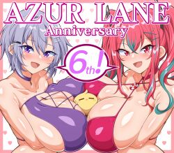 Rule 34 | 2girls, :d, anniversary, arms under breasts, azur lane, bare shoulders, bikini, bird, blush, border, breast press, breasts, bremerton (azur lane), chick, choker, cleavage, collarbone, commentary request, criss-cross halter, cross-laced bikini, cross-laced clothes, girl sandwich, grey hair, hair between eyes, hair intakes, hair ornament, hairclip, halterneck, heart, heart background, highres, kumanosita, large breasts, lifebuoy ornament, long hair, looking at viewer, manjuu (azur lane), mole, mole under eye, multicolored hair, multiple girls, official alternate costume, open mouth, pink bikini, pink border, pink choker, pink eyes, pink hair, purple bikini, purple choker, purple eyes, reno (azur lane), reno (summer spin-off) (azur lane), sandwiched, short hair, sidelocks, smile, standing, strapless, strapless bikini, streaked hair, swimsuit, symmetrical docking, twintails, two-tone hair, upper body, x hair ornament