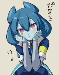 Rule 34 | 10s, 1girl, armband, bad id, bad pixiv id, blue hair, blue skin, character name, colored skin, heart, inazuma eleven (series), inazuma eleven go, inazuma eleven go galaxy, long hair, looking at viewer, open mouth, powai pichori, purple eyes, simple background, solo, yamaki suzume