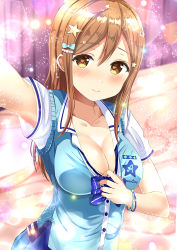 Rule 34 | 1girl, arm up, blue bow, blue skirt, blush, bow, breasts, brown eyes, cleavage, closed mouth, clothes writing, collarbone, collared shirt, commentary request, copyright name, hair between eyes, hair bow, hair ornament, heart, heart-shaped pupils, kunikida hanamaru, large breasts, light brown hair, love live!, love live! school idol festival, love live! sunshine!!, morerin, outstretched arm, pleated skirt, reaching, reaching towards viewer, selfie, shirt, short sleeves, skirt, smile, solo, star (symbol), star hair ornament, sweater vest, symbol-shaped pupils, white shirt