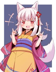 Rule 34 | +++, 1girl, albino, animal ears, blue sash, commentary request, cowboy shot, double fox shadow puppet, floral print, flower, fox ears, fox girl, fox shadow puppet, fox tail, hair flower, hair ornament, hands up, haori, highres, jacket, japanese clothes, kimono, light blush, long sleeves, obi, off shoulder, open mouth, original, petite, pink jacket, red eyes, sash, simple background, solo, standing, tail, white hair, white tail, wide sleeves, yellow kimono, yukinagi