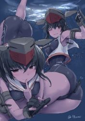 Rule 34 | 2girls, armpits, ass, bare shoulders, black hair, blue one-piece swimsuit, blush, bracelet, breasts, brown eyes, closed mouth, ebizome, finger to mouth, fingerless gloves, giant, giantess, gloves, grin, hair between eyes, hat, i-13 (kancolle), i-14 (kancolle), jewelry, kantai collection, looking at viewer, medium breasts, multiple girls, new school swimsuit, one-piece swimsuit, one eye closed, open mouth, sailor collar, school swimsuit, short hair, single glove, size difference, smile, submarine, swimsuit, twitter username, underwater, watercraft, wristband