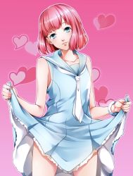 Rule 34 | 1boy, androgynous, blue eyes, bob cut, catherine: full body, catherine (game), cowboy shot, crossdressing, dress, eyebrows, head tilt, heart, highres, male focus, pink background, pink hair, rin (catherine), short hair, smile, solo, standing, trap