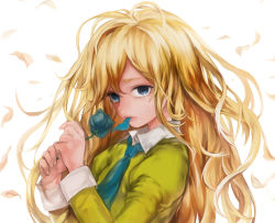 Rule 34 | 1girl, blonde hair, blue eyes, blue flower, blue rose, crying, flower, highres, ib (kouri), lips, long hair, looking at viewer, mary (ib), petals, rose, simple background, solo, tcb, tears, white background