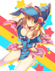 Rule 34 | 1girl, bare shoulders, blonde hair, blush, blush stickers, boots, breasts, choker, cleavage, dark magician girl, duel monster, green eyes, hand on headwear, hat, highres, jyon104, large breasts, long hair, looking at viewer, pentacle, smile, solo, wizard hat, yu-gi-oh!, yuu-gi-ou, yu-gi-oh! duel monsters