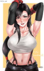 Rule 34 | 1990s (style), 1girl, armpits, arms behind head, arms up, black hair, blush, breasts, bright pupils, brown eyes, character name, elbow gloves, final fantasy, final fantasy vii, gloves, highres, large breasts, long hair, looking at viewer, low-tied long hair, midriff, navel, open mouth, retro artstyle, sgk, smile, solo, suspenders, tifa lockhart, upper body, yellow background