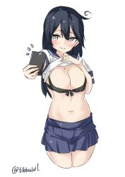 Rule 34 | 10s, 1girl, ^^^, ahoge, bad id, bad twitter id, black bra, black hair, blue skirt, blush, bra, breasts, brown eyes, cellphone, cleavage, closed mouth, clothes lift, cowboy shot, cropped legs, ebifurya, eyebrows, front-tie top, hand on own chest, highres, holding, holding phone, inactive account, kantai collection, large breasts, lifted by self, long hair, navel, phone, pleated skirt, school uniform, selfie, serafuku, shirt lift, short sleeves, simple background, skirt, solo, stomach, thigh gap, twitter username, underwear, ushio (kancolle), white background