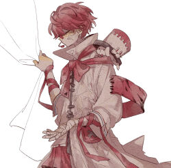Rule 34 | 1boy, akiyo (lifetimes), animal hat, arm ribbon, asymmetrical clothes, bandaged arm, bandages, closed eyes, coat, collared coat, curtain grab, curtains, from side, fukase, hair behind ear, hat, headset, neck ribbon, no mouth, point (vocaloid), red hair, red ribbon, red skirt, ribbon, short hair, skirt, sleeves past elbows, solo, top hat, upper body, vocaloid, white background, white coat