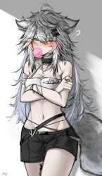 Rule 34 | 1girl, ?, absurdres, ahoge, animal ears, arknights, bandaged arm, bandages, bandeau, bare arms, bare shoulders, black choker, black shorts, blush, breasts, blowing bubbles, character name, choker, cleavage, clothes writing, commentary, cowboy shot, crossed arms, grey eyes, grey hair, hair between eyes, hair ornament, hairclip, highres, infection monitor (arknights), lappland (arknights), long hair, looking at viewer, medium breasts, messy hair, midriff, navel, one eye closed, short shorts, shorts, solo, standing, stomach, strapless, tail, thighs, tube top, very long hair, white background, wolf ears, wolf tail, wordsworth owo