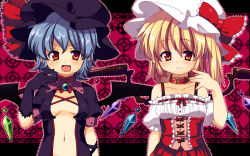 Rule 34 | &gt;:d, 2girls, :d, alternate costume, bad id, bad pixiv id, bat wings, blonde hair, blue hair, blush, center opening, cleavage cutout, clothing cutout, collar, corset, dress, fang, female focus, flandre scarlet, gloves, hat, hat ribbon, looking at viewer, matatabi maru, midriff, multiple girls, open clothes, open dress, open mouth, out-of-frame censoring, purple dress, red dress, red eyes, remilia scarlet, ribbon, siblings, side ponytail, sisters, smile, touhou, v-shaped eyebrows, wings