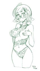 Rule 34 | 1girl, blush, breasts, covering privates, covering breasts, female focus, glasses, kusanagi tonbo, monochrome, one breast out, original, short hair, sketch, solo, swimsuit, white background
