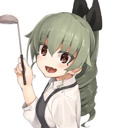 Rule 34 | 10s, 1girl, :d, alternate costume, alternate hairstyle, anchovy (girls und panzer), apron, black apron, black ribbon, bright pupils, collared shirt, drill hair, fang, from side, girls und panzer, hair between eyes, hair ribbon, ladle, long sleeves, looking at viewer, looking to the side, open mouth, ponytail, ribbon, seramikku, shirt, simple background, smile, solo, tsurime, upper body, white background, white shirt, wing collar