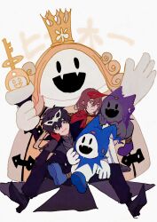 Rule 34 | 5boys, :d, absurdres, akechi gorou, amamiya ren, black coat, black eyes, black footwear, black frost, black hair, black pants, black skin, blonde hair, blue hat, brown hair, cape, coat, colored skin, crown, epaulettes, eye mask, fangs, gloves, hand on own cheek, hand on own face, hand up, hat, head rest, high collar, high heels, highres, holding, holding scepter, jack frost (megami tensei), jester cap, king frost, looking at another, male focus, mask, mask on head, multiple boys, open mouth, pants, persona, persona 5, popped collar, purple hat, red cape, red gloves, red mask, scepter, shenhaihua, short hair, sitting, sitting on lap, sitting on person, skin fangs, smile, solid oval eyes, spread legs, unworn mask, v-shaped eyes, waving, white mask, white skin