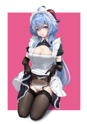 Rule 34 | 1girl, :o, absurdres, ahoge, alternate costume, apron, black garter belt, black gloves, black thighhighs, blue hair, border, breasts, cleavage, cleavage cutout, clothes lift, clothing cutout, collared shirt, ctrl+z, elbow gloves, enmaided, frills, ganyu (genshin impact), garter belt, genshin impact, gloves, goat horns, highres, horns, kneeling, lace, lace-trimmed legwear, lace trim, lifting own clothes, looking at viewer, maid, maid apron, maid headdress, medium breasts, panties, purple eyes, shirt, short sleeves, skirt, skirt lift, solo, thighhighs, underwear, white border, white panties