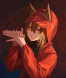 Rule 34 | 1girl, absurdres, animal ears, arknights, brown hair, closed mouth, commentary request, dog shadow puppet, ears through headwear, hair between eyes, hands up, highres, hood, hood up, hooded jacket, jacket, long sleeves, looking at viewer, official alternate costume, open clothes, open jacket, orange eyes, projekt red (arknights), projekt red (light breeze) (arknights), red jacket, upper body, wolf ears, wolf girl, yidie, zipper