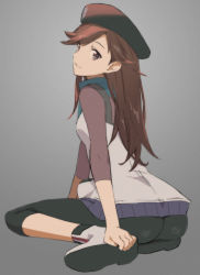 Rule 34 | 1girl, artist request, ass, breasts, brown eyes, brown hair, evangelion: 3.0+1.0 thrice upon a time, evangelion: 3.0 you can (not) redo, gabu (az210309), hat, highres, long hair, looking at another, looking at viewer, looking to the side, neon genesis evangelion, rebuild of evangelion, simple background, sitting, small breasts, smile, solo, suzuhara sakura