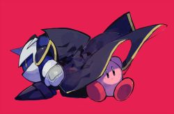 Rule 34 | 2boys, arm up, black cape, blue eyes, cape, closed mouth, commentary request, full body, higa423, kirby, kirby (series), male focus, mask, meta knight, multiple boys, nintendo, red background, simple background, sitting, yellow eyes