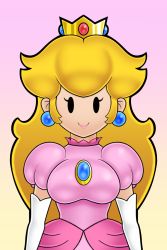 Rule 34 | 1girl, black eyes, black outline, blank eyes, blonde hair, breasts, brooch, crown, dress, earrings, elbow gloves, eyelashes, gloves, gradient background, highres, jewelry, large breasts, lips, long hair, looking at viewer, mario (series), nintendo, no nose, outline, paper mario, pink background, pink dress, pink lips, princess peach, puffy short sleeves, puffy sleeves, short sleeves, sleepiitreat, solo, white gloves, yellow background