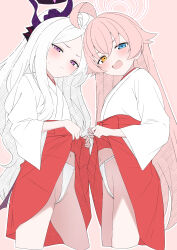 2girls absurdres ahoge alternate_costume black_halo black_horns blue_archive blue_eyes blush commentary_request fundoshi halo heterochromia highres hina_(blue_archive) horns hoshino_(blue_archive) japanese_clothes kimono looking_at_viewer miko mistel_(sukebemistel) multiple_girls navel open_mouth pink_hair pink_halo purple_eyes thighs white_hair white_kimono yellow_eyes