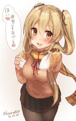Rule 34 | 10s, 1girl, :d, bad id, bad twitter id, blush, brown eyes, cardigan, commentary request, cowboy shot, dated, food, kantai collection, leaning forward, light brown hair, long hair, looking at viewer, murasame (kancolle), neck ribbon, open mouth, pantyhose, pleated skirt, ribbon, sakiryo kanna, scarf, skirt, smile, solo, taiyaki, translated, twintails, twitter username, wagashi