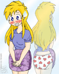 Rule 34 | 1girl, 2006, ahoge, artist name, ass, blonde hair, blue eyes, blush, breasts, clenched teeth, collarbone, collared shirt, covering privates, embarrassed, eyelashes, female focus, from behind, gluteal fold, heart, heart panties, heart print, holding, holding pillow, humiliation, indoors, lavender shirt, legs, legs together, long hair, looking at another, mirror, mirror image, neck, nervous smile, no pants, original, pale color, panties, pants, pillow, print panties, reflection, shirt, short sleeves, sidelocks, small breasts, smile, standing, sweat, sweatdrop, t-shirt, teeth, thighs, thighs together, traditional media, underwear, unworn pants, v arms, vic fieger, white panties