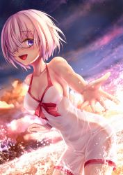 Rule 34 | 1girl, bikini, breasts, cleavage, commentary request, crost, evening, fate/grand order, fate (series), glasses, hair over one eye, highres, leaning forward, light purple hair, looking at viewer, mash kyrielight, mash kyrielight (swimsuit of perpetual summer), medium breasts, ocean, official alternate costume, one-piece swimsuit, open mouth, outdoors, purple eyes, short hair, sky, smile, solo, splashing, sunset, swimsuit, water, white bikini