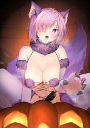 Rule 34 | 1girl, absurdres, animal ears, bare shoulders, bow, breasts, cleavage, elbow gloves, fate/grand order, fate (series), fur-trimmed gloves, fur-trimmed legwear, fur collar, fur trim, gloves, hair over one eye, highres, jack-o&#039;-lantern, lace, lace-trimmed legwear, lace trim, large breasts, light purple hair, looking at viewer, mash kyrielight, mash kyrielight (dangerous beast), navel, o-ring, open mouth, pumpkin, purple eyes, purple gloves, purple thighhighs, revealing clothes, short hair, solo, squatting, tail, thighhighs, tomozero, wolf ears, wolf tail