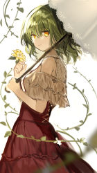 Rule 34 | 1girl, adapted costume, bare shoulders, blouse, closed mouth, commentary request, flower, from side, fuepo, green hair, high-waist skirt, highres, holding, holding flower, holding umbrella, kazami yuuka, light smile, looking at viewer, parasol, plant, red skirt, shirt, short hair, simple background, sketch, skirt, solo, touhou, umbrella, vines, white background, white shirt, yellow eyes