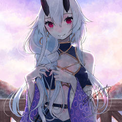 Rule 34 | 1girl, 7meill, alternate hairstyle, bikini, black horns, blush, braid, braiding hair, breasts, cloud, commentary request, detached sleeves, earrings, fate/grand order, fate (series), hair between eyes, hair over shoulder, hairdressing, holding, holding own hair, hoop earrings, horns, jewelry, large breasts, long hair, looking at viewer, oni horns, purple bikini, red eyes, signature, silver hair, single braid, smile, solo, sunset, swimsuit, tomoe gozen (fate), tomoe gozen (swimsuit saber) (fate), tomoe gozen (swimsuit saber) (second ascension) (fate), upper body, very long hair, wide sleeves