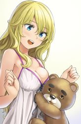 Rule 34 | 1girl, bad id, bad twitter id, bare arms, bare shoulders, blonde hair, blue eyes, breasts, camisole, cleavage, copyright request, gradient background, hair between eyes, long hair, looking down, medium breasts, sleeveless, solo, spaghetti strap, strap gap, stuffed animal, stuffed toy, teddy bear, upper body, very long hair, wavy hair, yellow background, yoropa