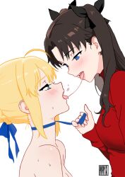 2girls after_kiss ahoge artist_name artoria_pendragon_(fate) blonde_hair blue_eyes blush bow breasts brown_hair cleavage clothed_female_nude_female commentary english_commentary fate/stay_night fate_(series) french_kiss green_eyes hair_bow hair_bun hanamuko heavy_breathing highres kiss leash long_hair medium_breasts multiple_girls nude pet_play red_sweater ribbon saber_(fate) saliva saliva_trail short_hair sweat sweater tohsaka_rin tongue tongue_out two_side_up yuri