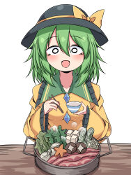 Rule 34 | 1girl, :d, blouse, blush, bow, breasts, buttons, diamond button, eating, excited, food, frilled shirt, frilled sleeves, frills, green hair, hair between eyes, hands up, hat, hat bow, highres, komeiji koishi, medium breasts, medium hair, o o, open mouth, shirt, siw0n, small breasts, smile, solo, striped clothes, striped shirt, sukiyaki, touhou, upper body, white background, yellow bow