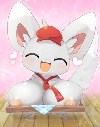 Rule 34 | blush, breast rest, breasts, carried breast rest, carrying, closed eyes, creatures (company), furry, furry female, game freak, gen 5 pokemon, hat, heart, highres, huge breasts, lets0020, minccino, necktie, nintendo, nipples, pokemon, pokemon (creature), pokemon cafe remix, solo, spoken heart, tail