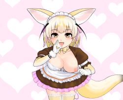 Rule 34 | 10s, 1girl, :d, animal ears, areola slip, bent over, blonde hair, blush, bow, bowtie, breast slip, breasts, brown eyes, cleavage, clothes lift, extra ears, fennec (kemono friends), fox ears, fox tail, frilled skirt, frills, fur trim, hair ribbon, hand on own face, heart, heart background, kemono friends, kemono friends festival, large breasts, legs together, looking at viewer, maid, maid headdress, multicolored hair, nipple slip, nipples, no bra, one breast out, open mouth, ribbon, ryu-doutai, sex toy, shirt lift, skirt, smile, standing, tail, thighhighs, vibrator, vibrator cord, yellow thighhighs, zettai ryouiki