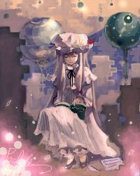Rule 34 | 1girl, bac, book, female focus, hat, open book, patchouli knowledge, purple hair, reading, sitting, smile, solo, orb, touhou