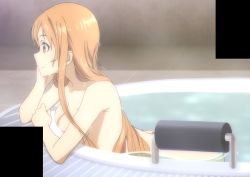 Rule 34 | 10s, 1girl, a-1 pictures, asuna (sao), bathroom, bathtub, breasts, brown eyes, censored, censored nipples, cleavage, convenient censoring, from side, hand on own face, highres, long hair, nude, orange hair, partially submerged, screencap, smile, solo, sword art online, wet, wet hair